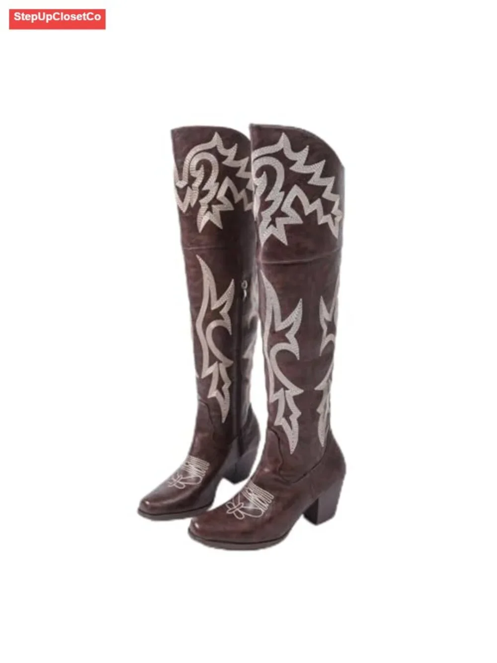 Embroidered Over-the-Knee Cowboy Boots Square Toe PU Leather Chunky Heel